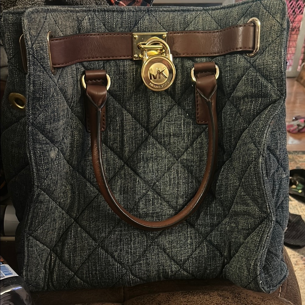 Michael Kors Quilted Blue Denim Tote with Brown Accents